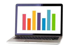 Laptop computer with colorful bar chart graph isolated on white background with clipping path. photo