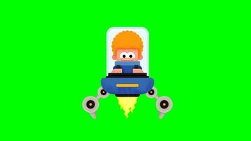 A Boy running spaceship. Futuristic concept of a Ufo. Space shuttle. Cartoon animation video clip with green background.