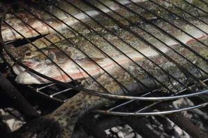 fresh tasty trout bbq, fish is grilled on fire photo