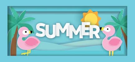 Banner de venta de verano tropical con flamenco en estilo de corte de papel vector