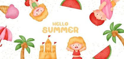 banner de verano con elementos de verano en estilo acuarela vector