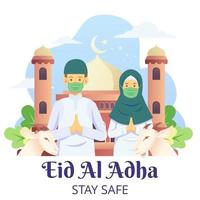 la pareja celebra eid al adha con cabra para eid al adha mubarak mientras usa máscaras para covid 19 vector