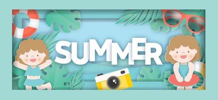 Banner de venta de verano tropical con elementos de verano y estilo de corte de papel vector