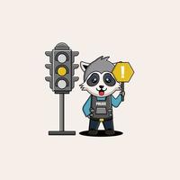 Happy cute raccoon wearing police uniform and stand beside traffic lamp vector