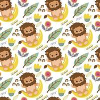 Seamless pattern with cute lion and tropical summer vector