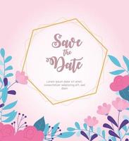flores de boda, guardar la fecha, borde de flores decorativas fondo rosa vector