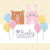 baby shower, teddy bear and rabbit with balloons hearts background vector