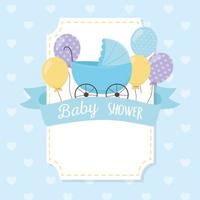 baby shower, blue pram balloons ribbon decoration card vector