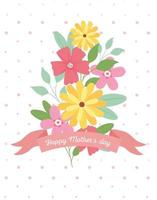 happy mothers day, bunch flowers ribbon decoration card vector