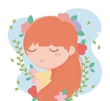 young woman flowers decoration blue background cartoon vector