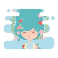 cute woman close eyes flowers cartoon character vector