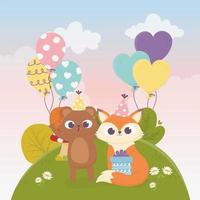 bear fox with gifts balloons flowers celebration happy day vector