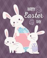 happy easter day bunnies with delicate eggs decoration vector