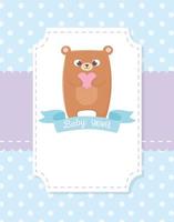 baby shower, teddy bear ribbon dotted blue background vector