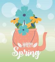 hello spring teapot with flowers foliage decoration background vector