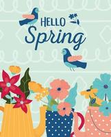 hello spring pots and vase flowers birds celebration card vector
