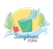 songkran festival bucket with water flowers leaves celebration vector