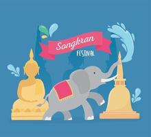 festival de songkran buda tradicional templo del elefante salpicaduras de agua vector