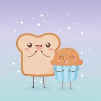 Rebanada de pan y cupcake dulce diseño de personajes de dibujos animados de comida kawaii vector