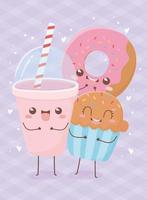 Donut cupcake y soda diseño de personajes de dibujos animados de comida kawaii vector