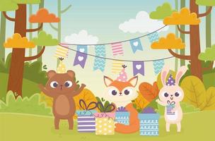 bear rabbit and fox with party celebration happy day vector