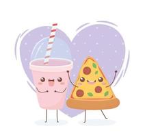 Bebida y pizza diseño de personajes de dibujos animados de comida kawaii vector