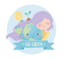 girl with world bulb plant energy environment ecology vector
