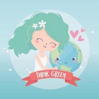 cute girl holding world love environment ecology vector