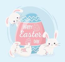 feliz día de pascua conejitos con gran tarjeta de huevo decorativa vector