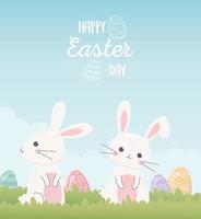 happy easter cute bunnies with eggs invitation card vector