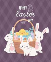 happy easter cute rabbits chicken in basket with eggs celebration vector