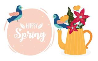 hello spring birds and teapot with flowers ornament vector