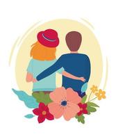 hello spring couple hugging cartoon back view flowers
