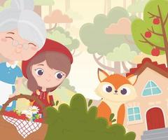 little red riding hood grandma wolf basket house forest fairy tale cartoon vector