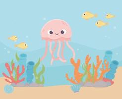 medusas peces vida de arena arrecife de coral dibujos animados bajo el mar vector