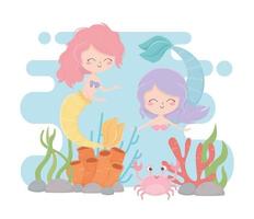 mermaids and crab reef coral cartoon under the sea vector