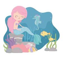 mermaid seahorse fishes algae coral under the sea vector