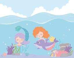 mermaids with dolphin reef coral cartoon under the sea vector