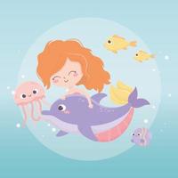 sirena jelyfish peces burbujas dibujos animados bajo el mar vector