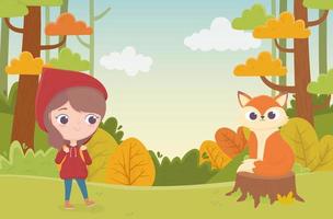 caperucita roja y lobo en el bosque de tronco cuento de hadas vector