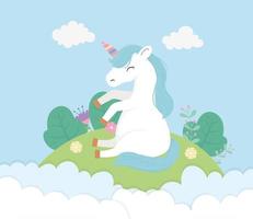 unicornio sentado en flores nubes cielo fantasía magia sueño linda caricatura vector