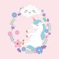 unicorn with frame flowers cloud fantasy magic dream cute cartoon vector