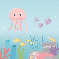 medusas camarones peces vida arrecife de coral dibujos animados bajo el mar vector