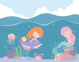 mermaids jellyfish crab starfish coral cartoon under the sea vector