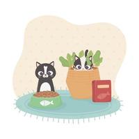 cute cats with bowl food package and basket vector