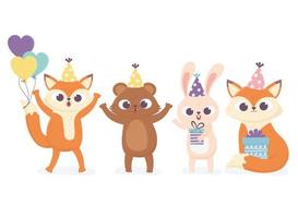 cute bear rabbit and foxes with party gifts and balloons celebration happy day vector