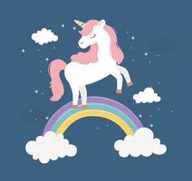 unicornio en arco iris nubes fantasía magia sueño lindo dibujos animados vector