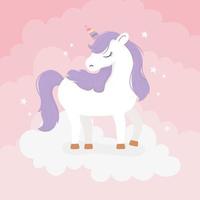 unicornio con cabello morado en las nubes fantasía magia sueño lindo dibujos animados vector