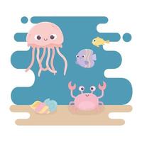 jellyfish crab fishes snail and shell life cartoon under the sea vector