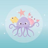 octopus crab starfish and fish life cartoon under the sea vector